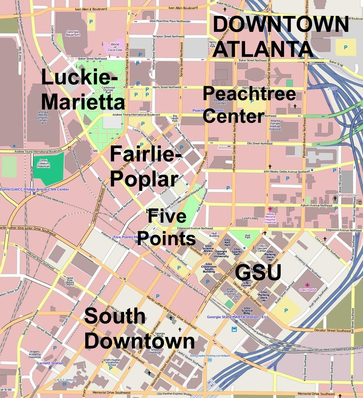 Atlanta downtown, map Carte du centreville d'Atlanta (Étatsunis d